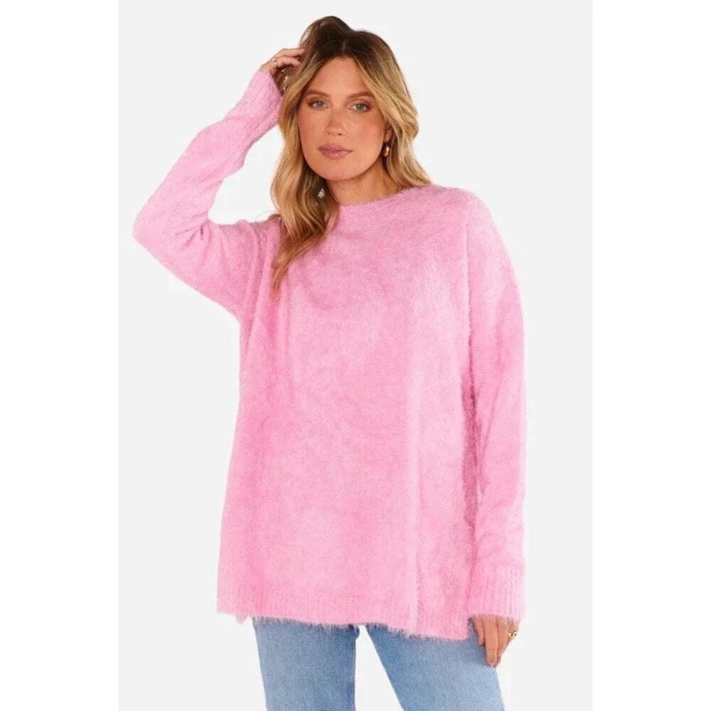 Show Me Your Mumu Fuzzy Knit Long Sleeve Crew Neck Bonfire Sweater Pink Medium